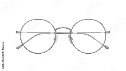Minimalist illustration of classic silver-framed round eyeglasses, positioned front-facing on a pristine white background for optical display.