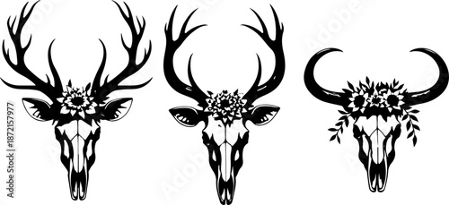 Rustic Deer Skull Collection with Floral Antler Accents