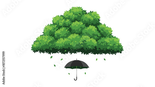 Abstract pixel art illustration depicts a lush green cloud-shaped canopy with falling leaves, protecting a lone black umbrella.