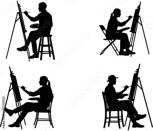Set of artist silhouettes sitting at easels and painting on canvas, male and female painters working in art studio, vectorSet of artist silhouettes sitting at easels and painting on canvas, male and f
