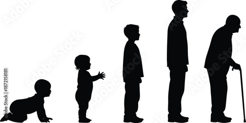 Human life cycle silhouette from crawling baby to elderly man with cane isolated on white background illustration concept aging