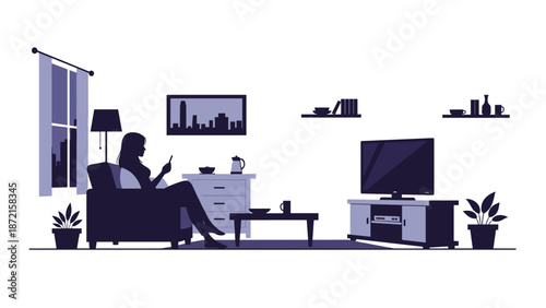 Woman relaxes on an armchair in a stylish monochromatic living room, using her phone with a city skyline view from the window.