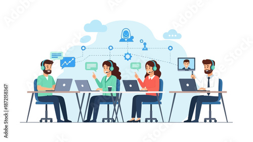 Team of Customer Service Agents Working in a Modern Call Center with Laptops