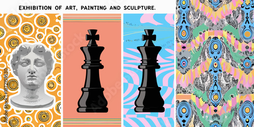 An artistic collage featuring busts chess pieces and patterned backgrounds