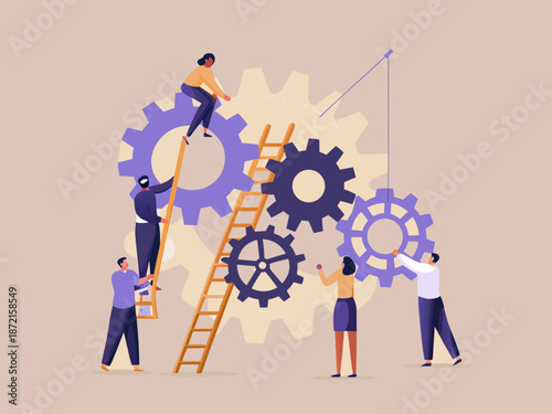 Teamwork and collaboration illustrated with people working on large gear mechanisms