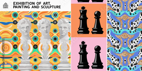 A vibrant collage featuring busts chess pieces and abstract patterned backgrounds