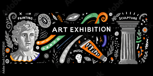 An art exhibition featuring paintings sculptures music and artistic tools