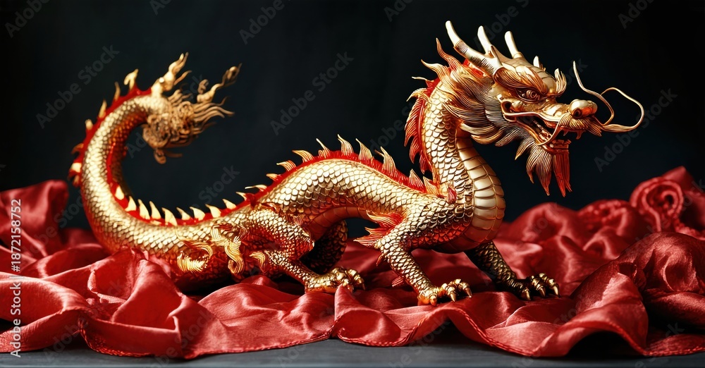 Fototapeta premium Golden dragon sculpture rests upon red silk fabric. Detailed design, impressive form, dramatic lighting creates striking visual.