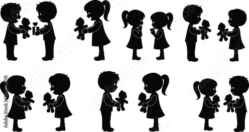 Silhouette of children holding stuffed animals and exchanging gifts in various poses