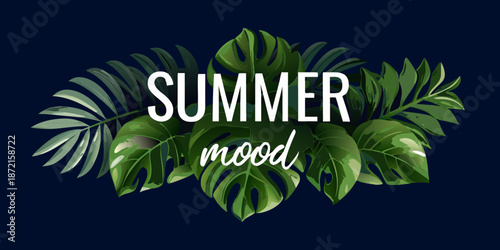 Tropical leaves framing the word summer with a relaxed mood aesthetic