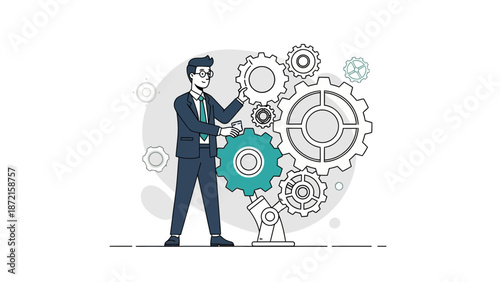 Businessman working with gears, symbolizing teamwork, strategy, and industrial automation.