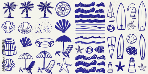 A collection of hand drawn beach elements palm trees seashells surfboards and more