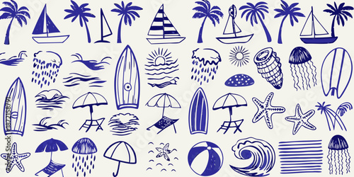 A charming blue and white illustration of nautical and tropical elements