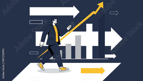 Man walking with rising graph and arrows, business growth concept