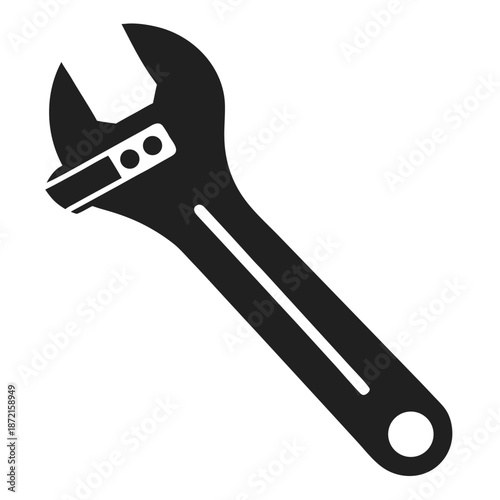 An adjustable wrench tool in simple black and white contrasts an isolated background