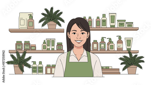 Friendly female owner of a natural cosmetics store smiles, standing in front of shelves stocked with eco-friendly beauty products and plants.
