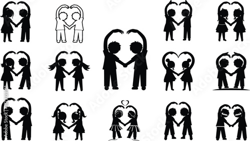 Silhouettes of children and adults forming heart shapes with their arms while holding hands