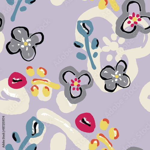 Colorful seamless pattern with leaves and flowers. Decorative wallpaper, good for printing. Hand drawn overlapping background, texture with decor elements, shapes. Design backdrop vector.