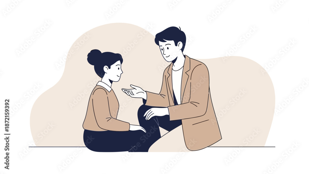 Obraz premium Couple sitting on floor, man talking to woman, minimalist illustration