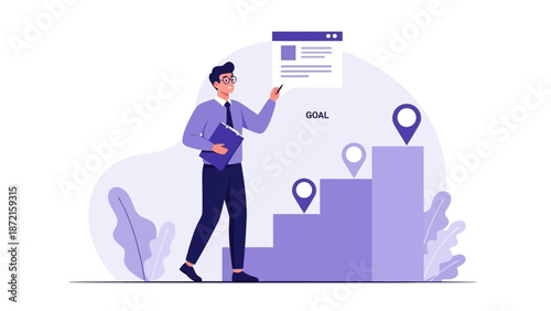 Businessman climbing stairs towards goal, planning success with charts and markers
