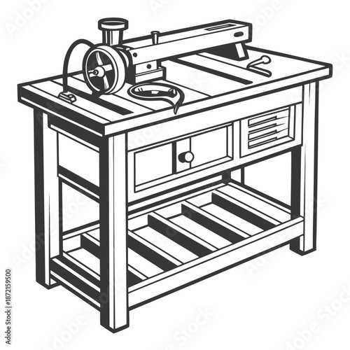 Vintage sewing machine sits atop a wooden table complete with drawers and storage shelf