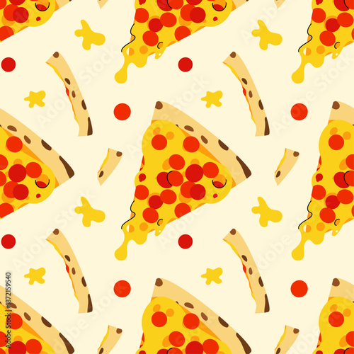 Seamless pattern with pizza slices on light background.