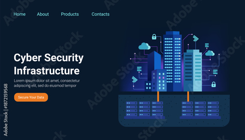 Cyber Security Infrastructure landing page template. Flat vector illustration of a digital city with skyscrapers connected to cloud servers and underground data center. Smart urban technology