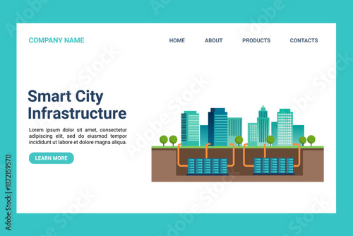 Smart City Infrastructure Landing Page Template. Flat vector illustration of modern urban buildings and skyscrapers with an underground data center. Eco-friendly technology, digital network