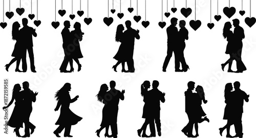 Silhouettes of couples dancing under hanging hearts on a white background