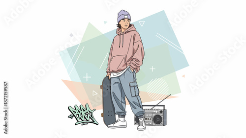 Animestyle skater girl with skateboard and boombox urban fashion illustration.