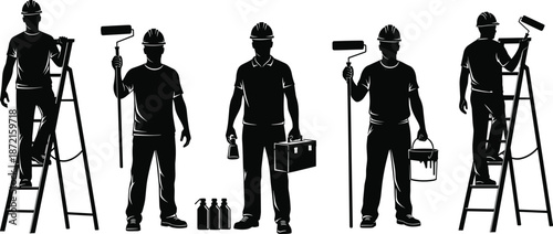 Professional painter worker silhouettes with ladders, rollers and tools, black and white illustration representing construction, renovation, and home improvement services