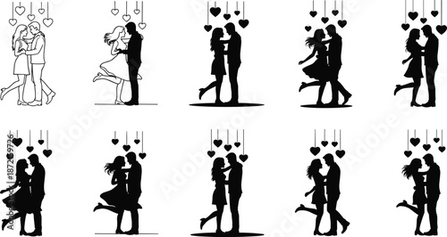 Silhouettes of couples dancing with hearts hanging above them in black and white