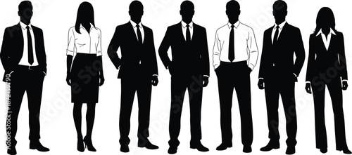 Business people silhouettes standing together in formal attire, professional corporate team illustration representing leadership, teamwork, diversity, and modern office culture