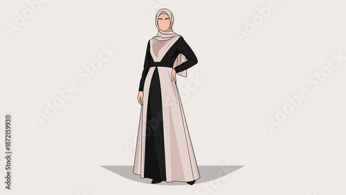 Elegant Muslim Woman in Black and White Abaya Illustration.