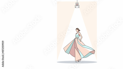Elegant Woman in Flowing Dress Under Spotlight Illustration.