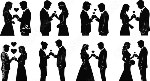 Silhouettes of couples exchanging heart symbols and rings in formal attire with floating hearts