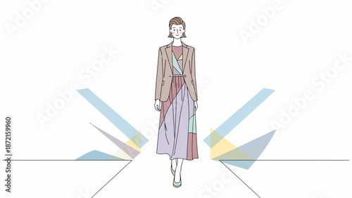 Elegant Woman in Stylish Outfit Walking Down the Runway Illustration.