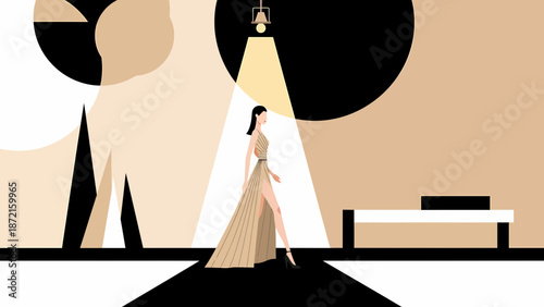 Elegant woman in spotlight minimalist illustration of a stage performance.