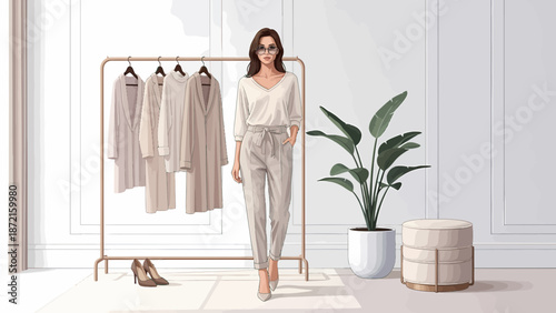 Elegant Woman in Stylish Outfit with Clothing Rack.