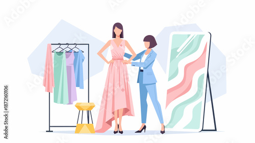 Fashion Designer Fitting Dress on Client for Custom Design.