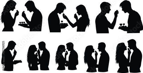 Silhouettes of couples feeding each other with hearts and flowers in black and white
