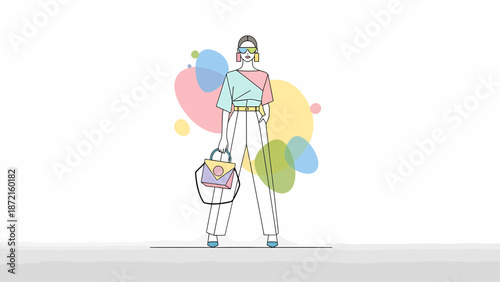 Fashion illustration of a stylish woman with a handbag and trendy outfit.
