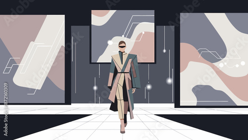 Futuristic Fashion Model on Runway with Digital Art Backdrop.