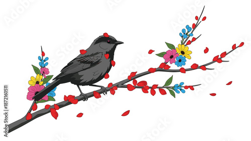A sleek black bird is perched upon a delicate flowering branch, surrounded by vibrant red buds and scattered colorful blossoms and petals.