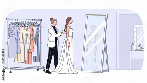 Wedding Dress Fitting Tailor Adjusting Gown on Bride.