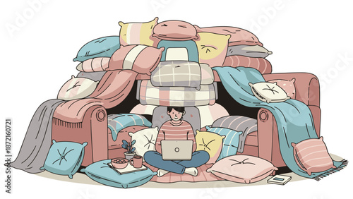 Quadro su tela Pillow Fort Office Remote Work Flat Vector Illustration Whimsical Mascot generat