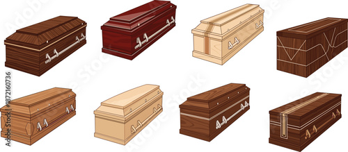 Coffin design variety, funeral casket options, burial box styles, wooden coffins, mortuary selection, elegant, handcrafted, modern, traditional, catalog