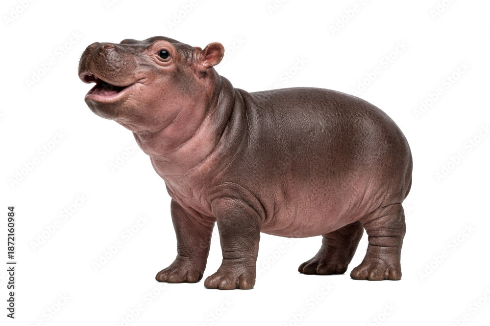 Fototapeta premium Cute baby hippopotamus standing in a full-body side view on a pure white background, showing smooth skin texture, natural folds, and expressive features under soft studio lighting. 