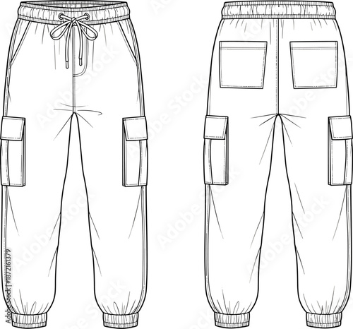 Cargo jogger pants technical fashion sketch showing front and back views with elastic waist, drawstring, and pocket details