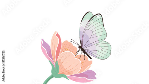 A stunning light green and purple butterfly with shimmering wings gently perches on a soft pink flower, highlighting a serene natural moment.